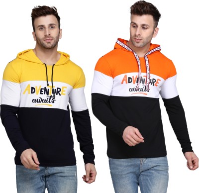 SLOWLORIS Printed Men Hooded Neck Yellow, Orange T-Shirt