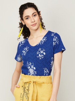 Colour Me by Melange Printed Women V Neck Blue T-Shirt