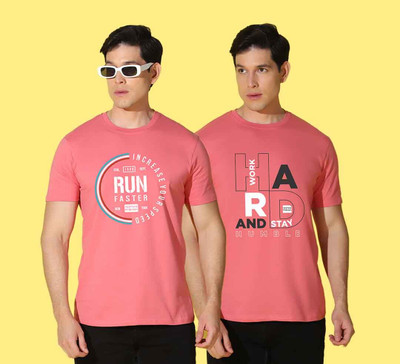 WOOSTRO Typography Men Round Neck Pink T-Shirt