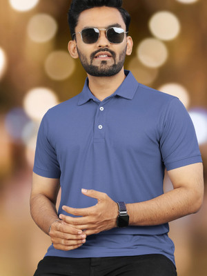 VeBNoR Solid Men Polo Neck Blue T-Shirt