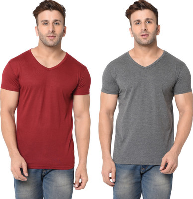 Tresna Fab Solid Men V Neck Maroon, Grey T-Shirt