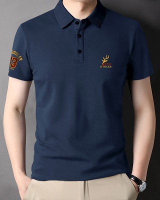 EyeBogler Solid Men Polo Neck Navy Blue T-Shirt