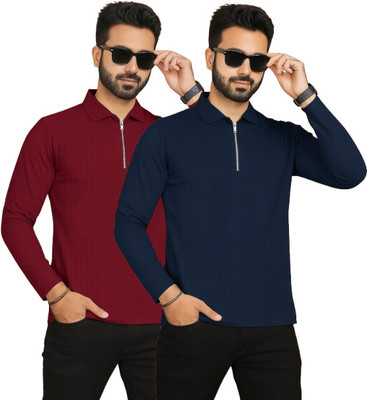 HELMONT Solid Men Zip Neck Maroon, Blue T-Shirt