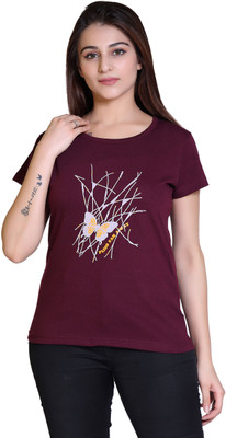 Ogarti Printed Women Round Neck Maroon T-Shirt