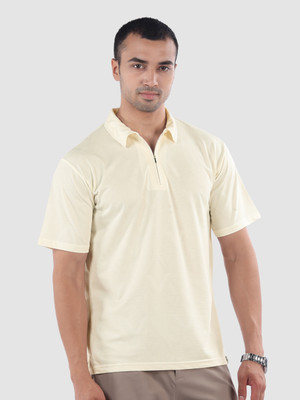 BEYOUNG Solid Men Zip Neck Beige T-Shirt