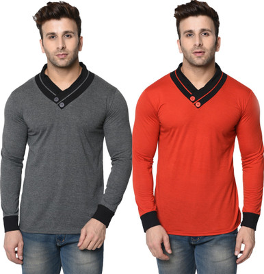 Tresna Trending Colorblock Men V Neck Red, Grey T-Shirt