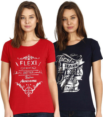 Fleximaa Typography Women Round Neck Red, Blue T-Shirt