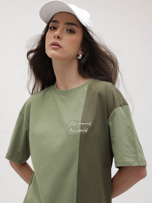 Roadster Self Design Women Round Neck Green T-Shirt
