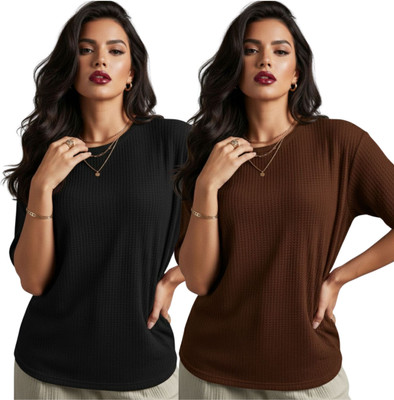 VDTREND Self Design Women Round Neck Brown T-Shirt
