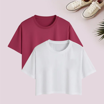 PopShino Solid Women Round Neck Pink, White T-Shirt