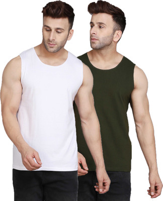SLOWLORIS Solid Men Round Neck White, Green T-Shirt
