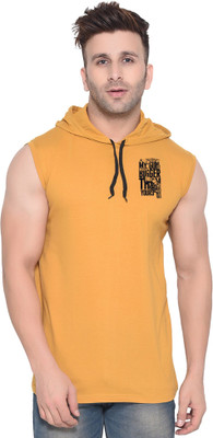 BEYOU FASHION Printed Men Hooded Neck Gold T-Shirt