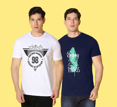 WOOSTRO Graphic Print, Typography Men Round Neck White, Blue T-Shirt