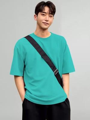 AJOLLI Solid Men Round Neck Light Blue T-Shirt