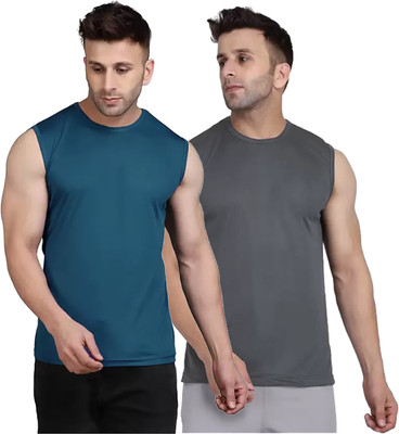 Think Tech Solid Men Round Neck Blue, Grey T-Shirt