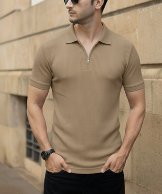 DSV Self Design Men Zip Neck White T-Shirt