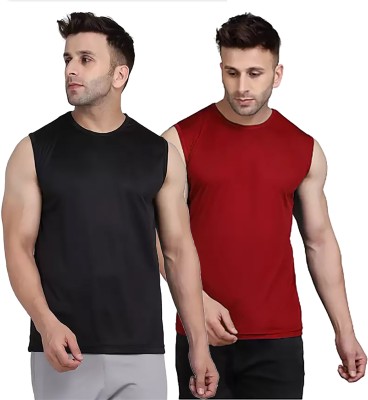 Think Tech Solid Men Round Neck Black, Maroon T-Shirt