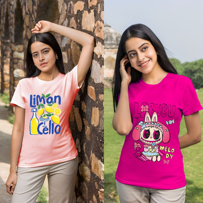 Lecowar Graphic Print Women Round Neck Pink T-Shirt