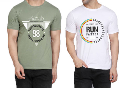 WOOSTRO Printed Men Round Neck Light Green, White T-Shirt