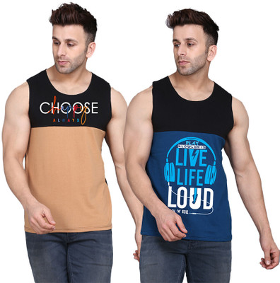 SLOWLORIS Printed Men Round Neck Black, Dark Blue, Beige T-Shirt