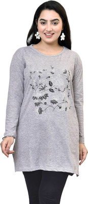 Zapblack Floral Print Women Round Neck Grey T-Shirt