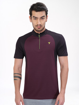 TECHNOSPORT Colorblock Men Mandarin Collar Maroon T-Shirt