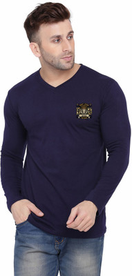Lawful Casual Solid Men V Neck Dark Blue T-Shirt