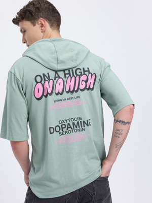 Glitchez Printed Men Hooded Neck Green T-Shirt