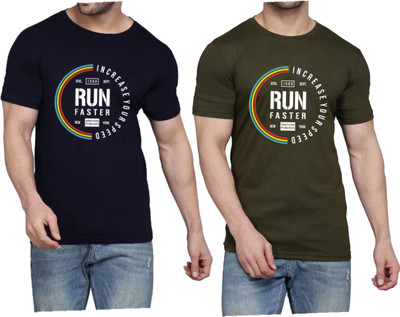 WOOSTRO Printed Men Round Neck Dark Blue, Dark Green T-Shirt