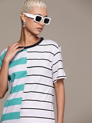 Roadster Striped Women Round Neck Green T-Shirt