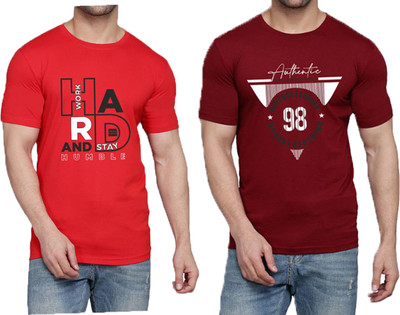 WOOSTRO Printed Men Round Neck Red, Maroon T-Shirt