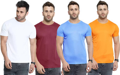 Think Tech Solid Men Round Neck White, Maroon, Light Blue, Yellow T-Shirt