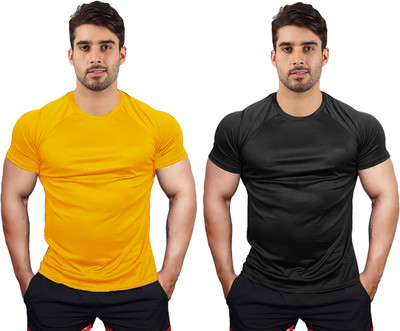 UDI n ADI Solid Men Round Neck Yellow, Black T-Shirt