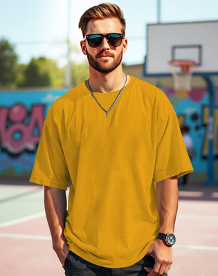 TeeBrozz Solid Men Round Neck Yellow T-Shirt