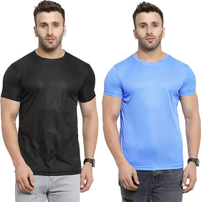RIVAAZ Collections Solid Men Round Neck Black, Light Blue T-Shirt