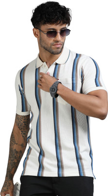 Cool Colors Striped Men Polo Neck Blue T-Shirt