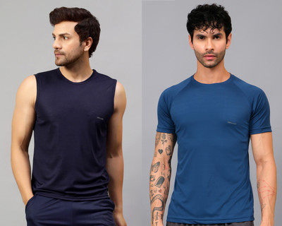 UDI n ADI Self Design Men Round Neck Navy Blue, Blue T-Shirt