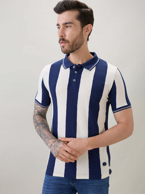 Status Quo Striped Men Polo Neck Navy Blue T-Shirt