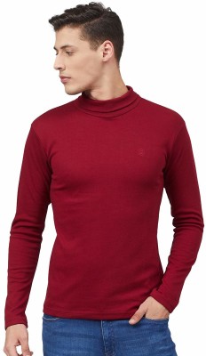 CHKOKKO Self Design Men Turtle Neck Maroon T-Shirt