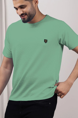 Yazole Solid Men Round Neck Light Green T-Shirt