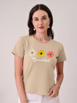Moda Rapido Printed Women Round Neck Beige T-Shirt