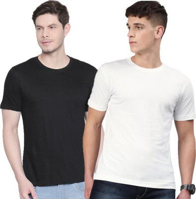 Organic Chics Solid Men Round Neck White, Black T-Shirt