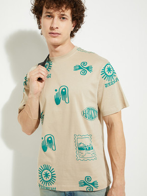 MAX Printed Men Round Neck Beige T-Shirt