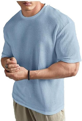 NetClick Self Design Men Round Neck Light Blue T-Shirt
