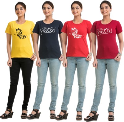 STYLE AK Printed Women Round Neck Gold, Navy Blue, Red, Maroon T-Shirt