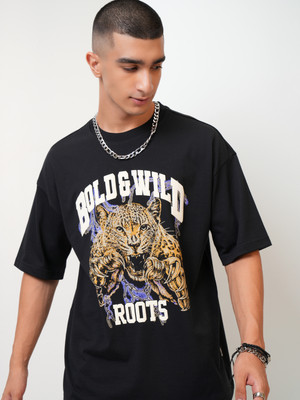 HIGHLANDER Printed Men Round Neck Black T-Shirt