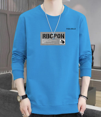 MOON IN Typography Men Round Neck Blue T-Shirt
