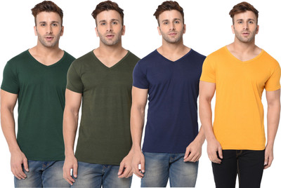 JB Jangoboy Solid Men V Neck Dark Blue, Dark Green, Yellow T-Shirt