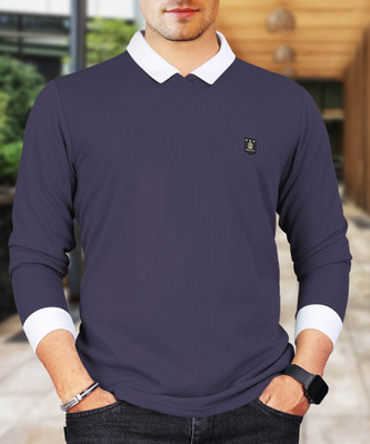 VeBNoR Solid Men Polo Neck Blue T-Shirt