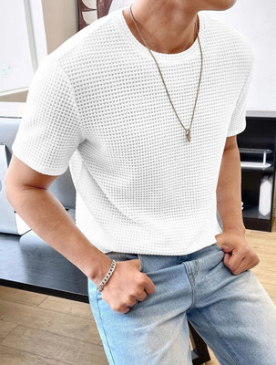 trendbite Self Design Men Round Neck White T-Shirt